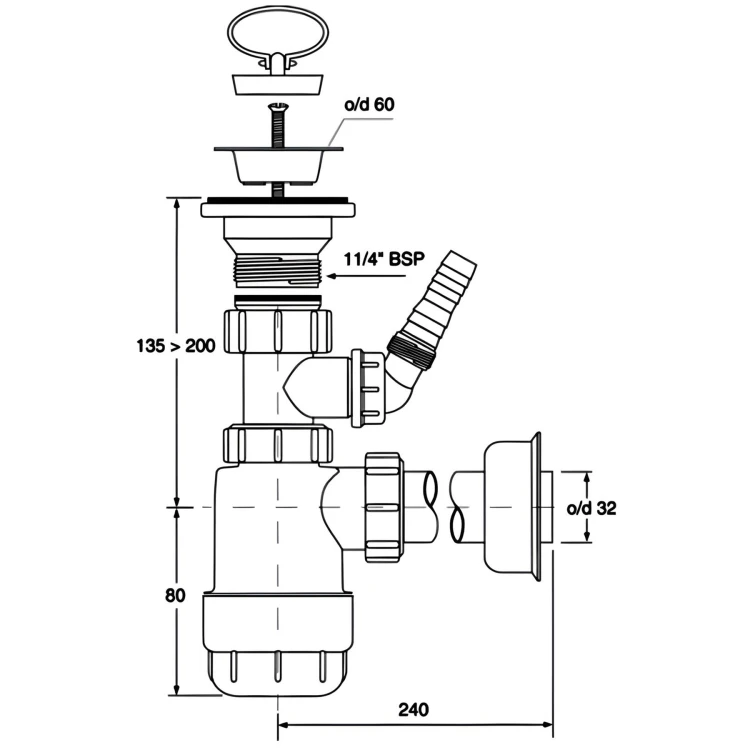 Syfon butelkowy niski MCALPINE 1.1/4" BSP z podłączeniem do pralki i korkiem gumowym