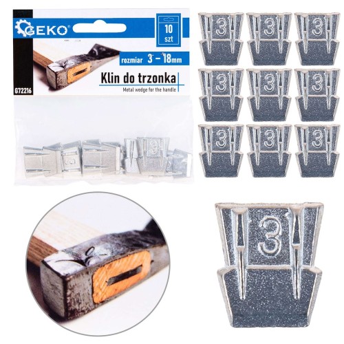 Metalowe kliny do trzonków młotków i siekier 10 sztuk 3 mm z zaczepami marki Geko