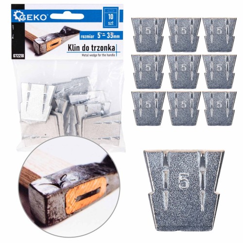 Zestaw 10 metalowych klinów do trzonków młotków i siekier, grubość 5 mm, szerokość 35 mm, z zaczepami