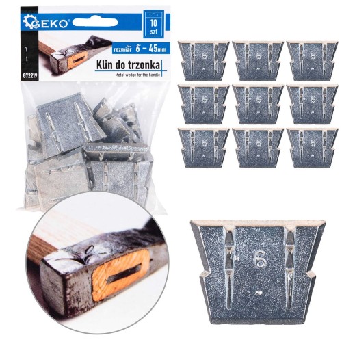 Metalowy klin do trzonków młotków i siekier, zestaw 10 sztuk, 6 mm, z zaczepami, szerokość 45 mm