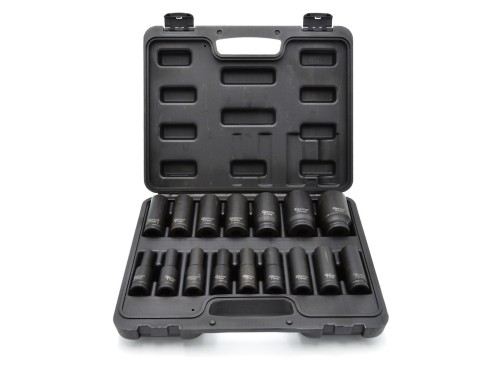 Zestaw 16 długich nasadek udarowych 1/2 cala 10-32 mm w czarnej walizce