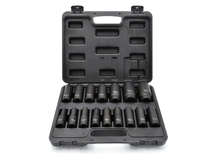 Zestaw 16 długich nasadek udarowych 1/2 cala 10-32 mm w czarnej walizce