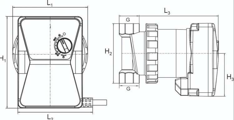 Rysunek techniczny pompy elektronicznej XVAVE 15-1.5 z wymiarami L1, L2, L3, H1, H2, H3 i oznaczeniem przyłączy G 1/2 cala