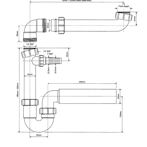 Syfon rurowy zlewozmywakowy McAlpine 1 1/2"x50 mm z podłączeniem pralki i odejściem poziomym