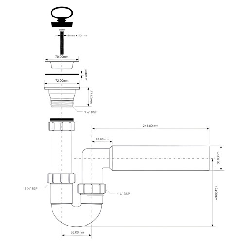 Schemat syfonu zlewozmywakowego rurowego HC7HC15 z wymiarami i podłączeniami 1 1/2"x50 mm