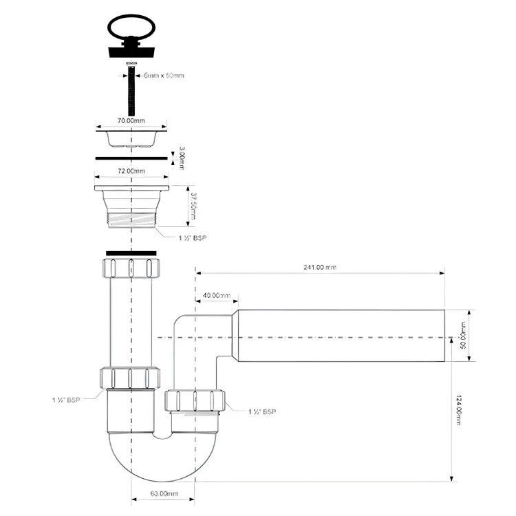 Schemat syfonu zlewozmywakowego rurowego HC7HC15 z wymiarami i podłączeniami 1 1/2"x50 mm