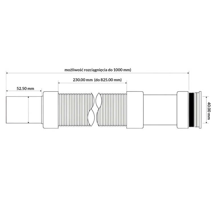 Złączka montażowa harmonijkowa 40x40 mm z regulacją długości do 1000 mm z końcówkami mufową i prostą