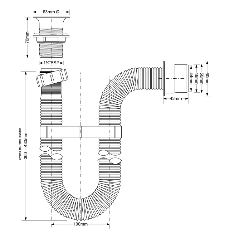 Elastyczny biały syfon umywalkowy 1 1/4″x50 mm z wymiarami i detalami montażowymi