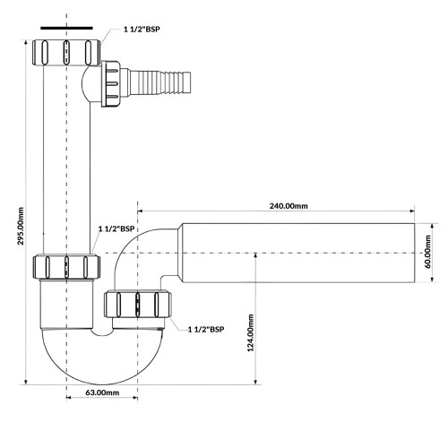 Syfon zlewozmywakowy rurowy 1 1/2" BSP z podłączeniem do pralki, wymiary 295x240x60 mm