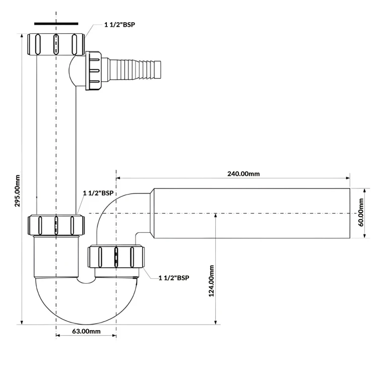 Syfon zlewozmywakowy rurowy 1 1/2" BSP z podłączeniem do pralki, wymiary 295x240x60 mm