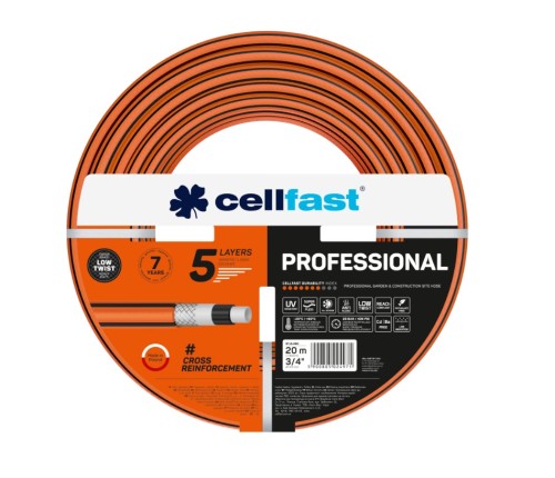 Pomarańczowy wąż ogrodowy Cellfast Professional 3/4 cala, 20 m, 5-warstwowy z oplotem krzyżowym