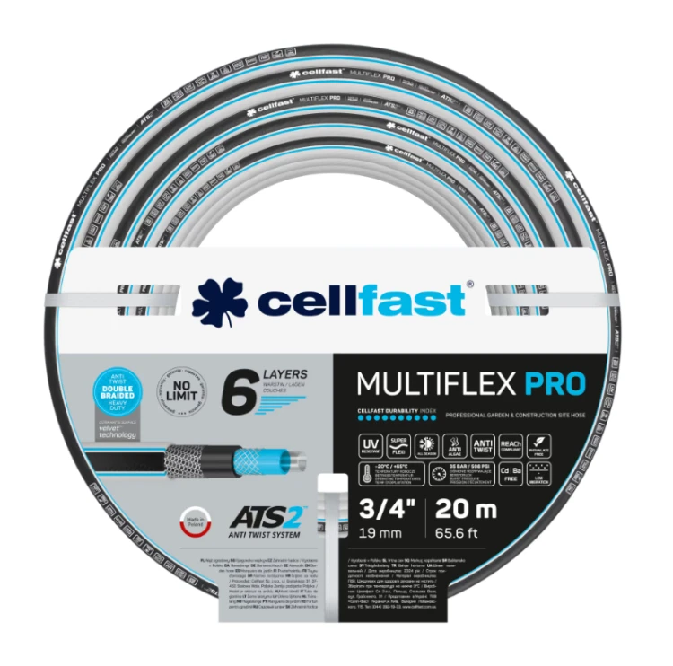 Wąż ogrodowy Cellfast MULTIFLEX PRO ATS2 3/4" 20 m, 6-warstwowy, odporny na skręcanie, podwójny oplot