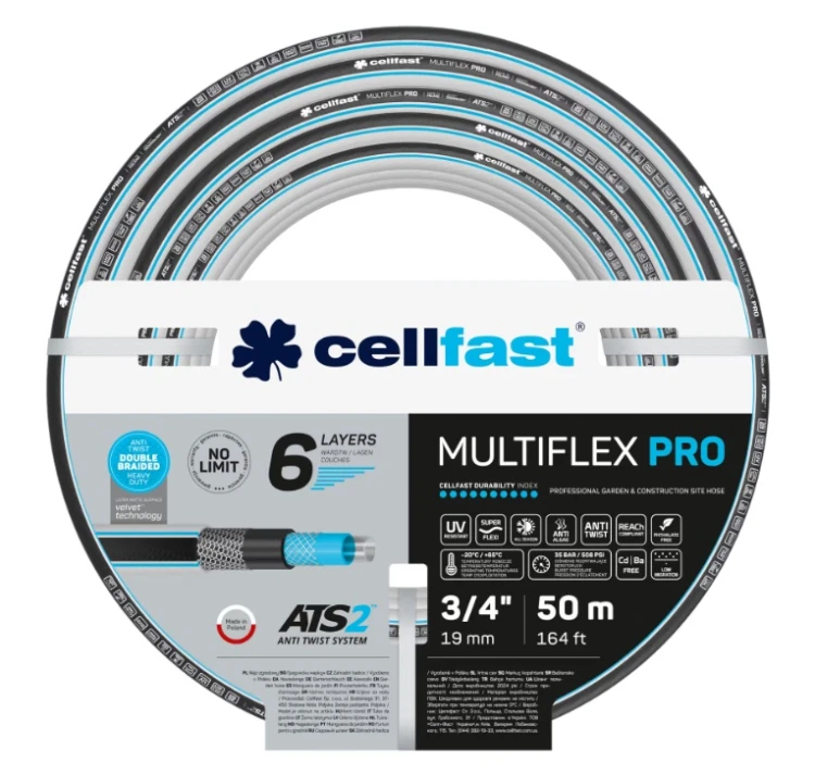 Wąż ogrodowy Cellfast MULTIFLEX PRO ATS2 3/4 cala długości 50 m z 6-warstwowym oplotem krzyżowo-trykotowym