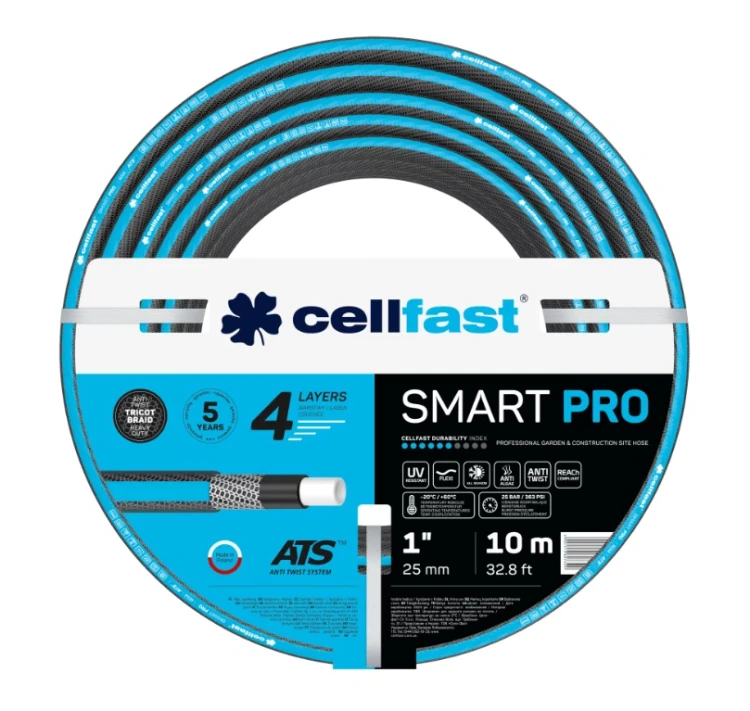 Czarny wąż ogrodowy SMART PRO ATS 1 cal 10 m z niebieskimi paskami i oplotem tryktowym