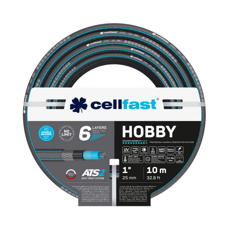 Wąż ogrodowy Cellfast HOBBY ATS2 1 cala, 10 m, 6 warstw, podwójny oplot, odporny na UV i skręcanie