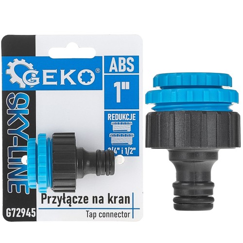 Przyłącze na kran 1" z redukcjami 3/4" i 1/2" SKY-LINE z tworzywa ABS, czarno-niebieskie
