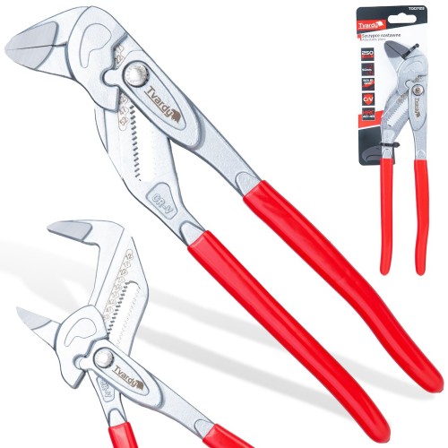 Szczypce nastawne 250 mm z regulacją do 50 mm, stal CrV, gumowane uchwyty, czerwone rączki