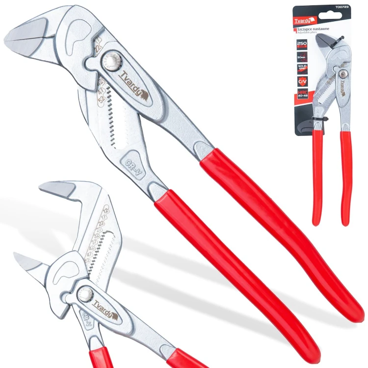Szczypce nastawne 250 mm z regulacją do 50 mm, stal CrV, gumowane uchwyty, czerwone rączki