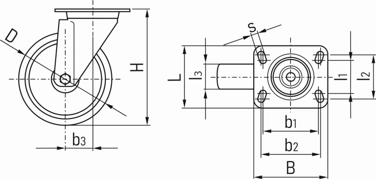 Rysunek techniczny koła stałego 125mm ze stalową obudową i płytą montażową z wymiarami