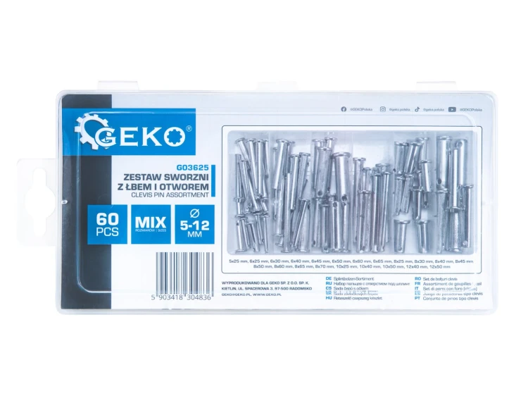 Zestaw 60 sworzni z łbem walcowym i otworem 5-12 mm w plastikowym opakowaniu marki Geko