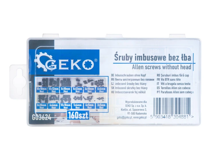 Organizer z 160 śrubami imbusowymi bez łba ustalającego marki Geko w różnych rozmiarach
