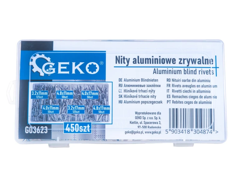 Przezroczysty organizer z 450 nitami zrywalnymi aluminiowymi w sześciu rozmiarach marki Geko