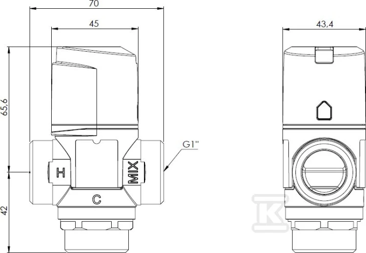 Termostatyczny zawór mieszający ATM 361 DN20 G1 cal z pokrętłem i oznaczeniami H, C, MIX, wymiary 70x65,6 mm