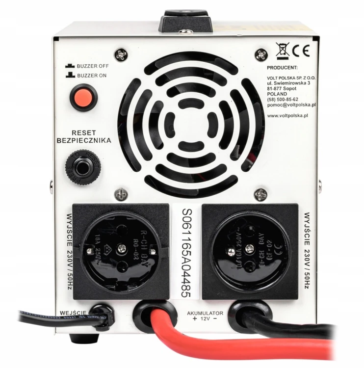 Zasilacz awaryjny SINUS PRO 850 E PLUS 12V z głośnikiem, przyciskiem reset, wyjściami 230V i przewodami zasilającymi