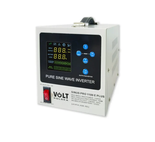 Zasilacz awaryjny SINUS PRO 1100 E PLUS 12V z kolorowym wyświetlaczem i przyciskami, moc 700W, przełącznik i stabilizator