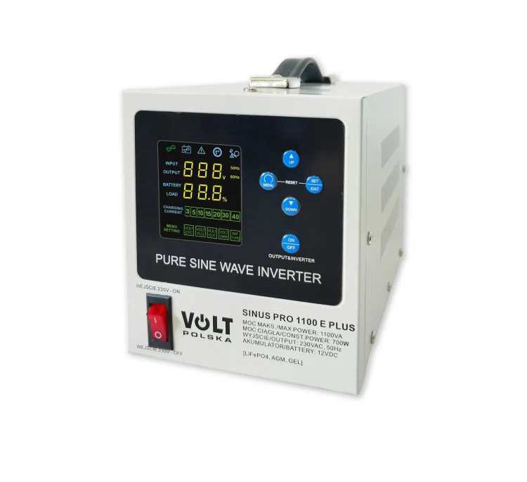 Zasilacz awaryjny SINUS PRO 1100 E PLUS 12V z kolorowym wyświetlaczem i przyciskami, moc 700W, przełącznik i stabilizator
