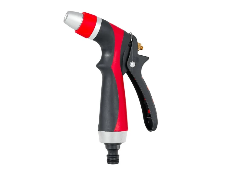 Czerwono-czarny pistolet zraszający do węża ogrodowego z ergonomicznym uchwytem
