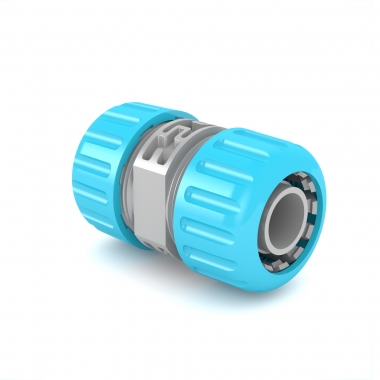 Reparator do węża z szarą tuleją i niebieskimi nakrętkami