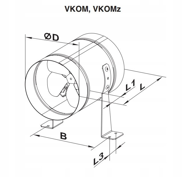 Rysunek techniczny wentylatora kanałowego VKOMz z wymiarami