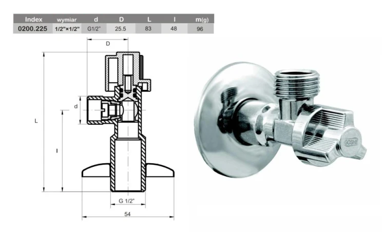 Przekrój techniczny zaworu kątowego i chromowany model obok
