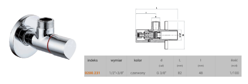 Rysunek techniczny zaworu kątowego z wymiarami