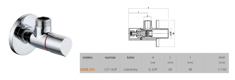Rysunek techniczny zaworu kątowego z wymiarami
