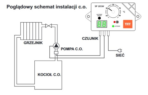 Schemat instalacji c.o. ze sterownikiem SP 101W i pompą