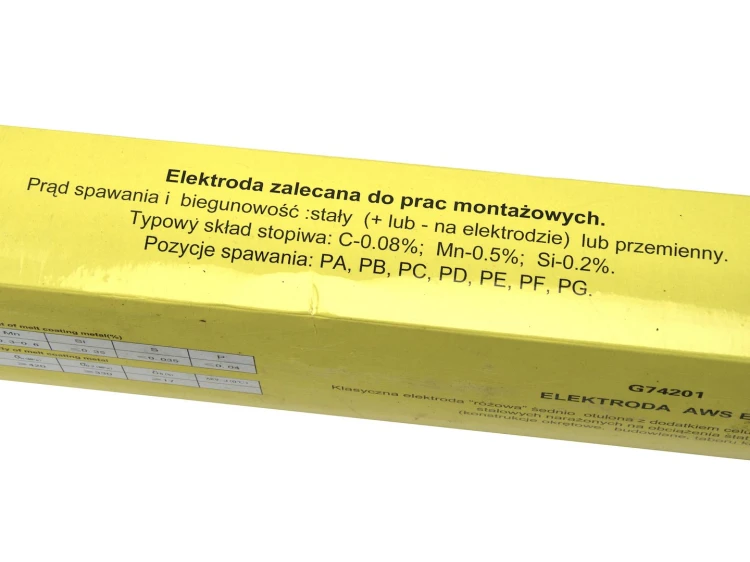 Żółty karton z opisem elektrod spawalniczych
