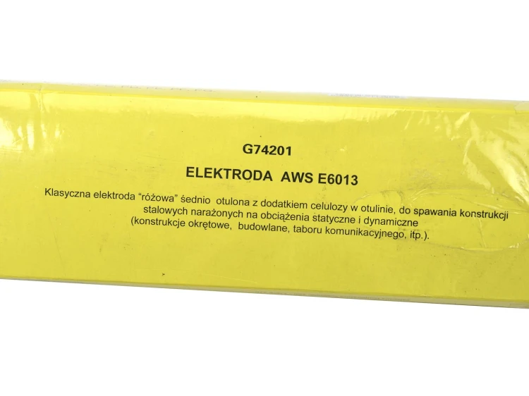 Żółte opakowanie elektrod AWS E6013 z nadrukiem