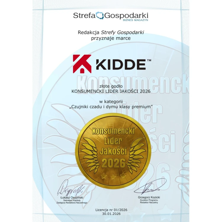 Dyplom Kidde z medalem Konsumencki Lider Jakości 2026
