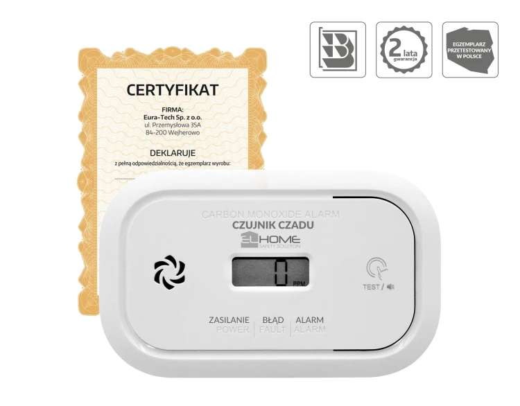 Czujnik czadu EL HOME z wyświetlaczem LCD i certyfikatem