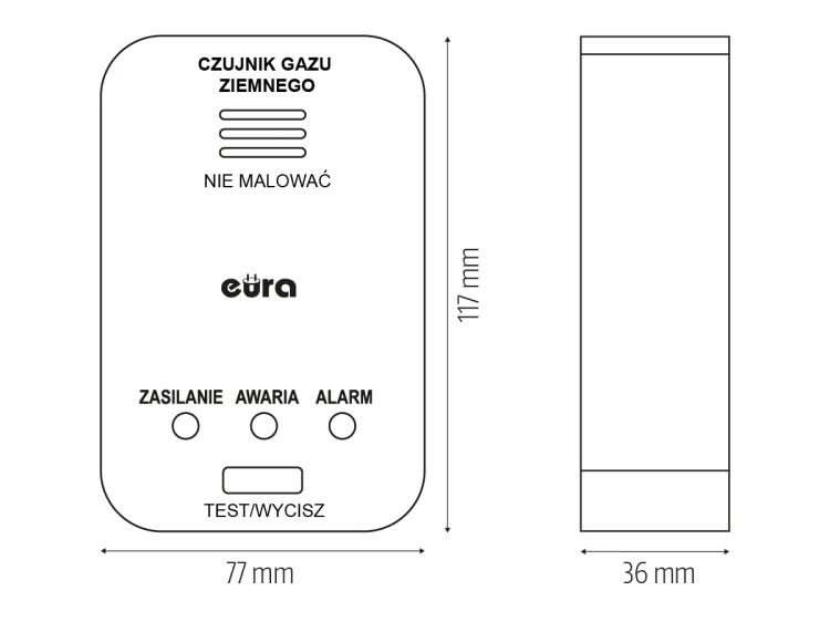 Czujnik gazu ziemnego z wymiarami na rysunku technicznym