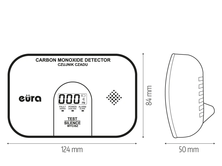 Czujnik czadu Eura, widok z wymiarami 124 mm i 84 mm