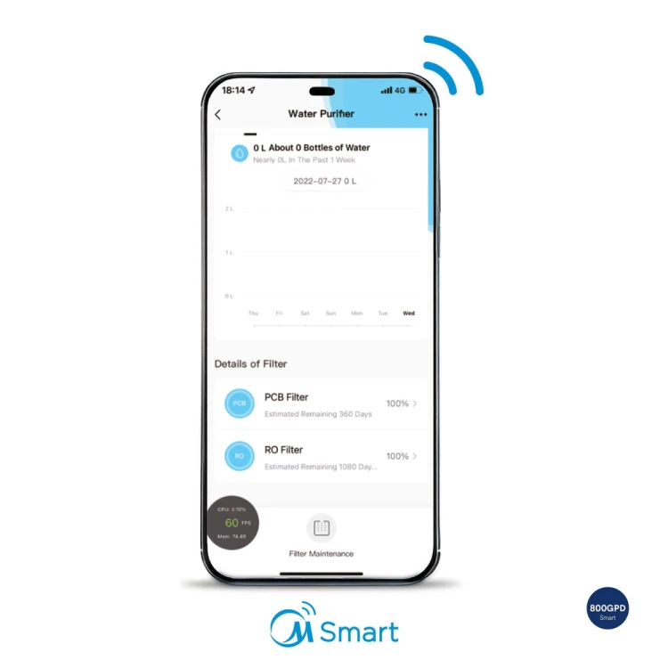 Ekran aplikacji Water Purifier z danymi filtrów i logo M Smart