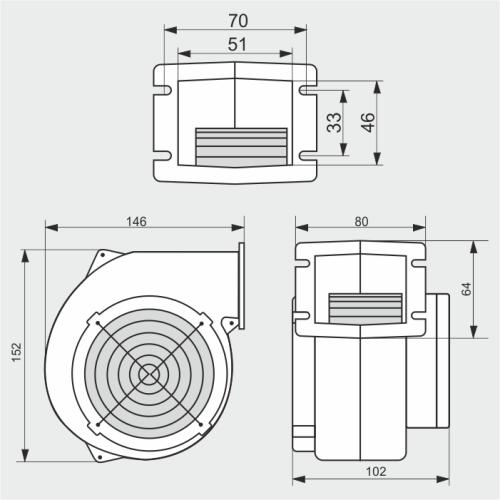 Rysunek techniczny wentylatora WPA 097 z wymiarami
