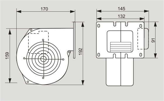 Rysunek techniczny wentylatora WPA 108 KP z wymiarami i widokiem z boku oraz przodu