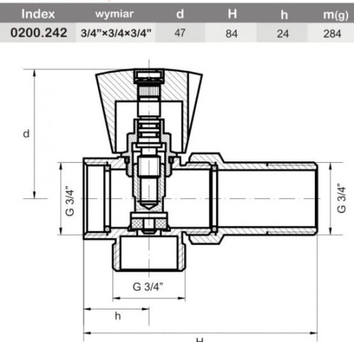 Zawór PROLUNGA 3/4*3/4*3/4 przekrój z wymiarami d 47 mm, H 84 mm, h 24 mm, masa 284 g