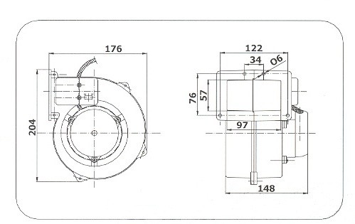 Rysunek techniczny dmuchawy wentylatora RV 05 R z wymiarami w mm, widok z boku i góry