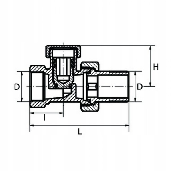 Przekrój zaworu powrotnego prostego 1/2 GOSHE do grzejnika z wymiarami L 66 mm, D G 1/2, H 27 mm
