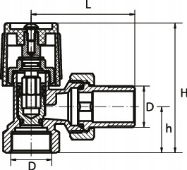 Rysunek techniczny zawór zasilający kątowy 1/2 cala do grzejnika z wymiarami H 65 mm, L 52 mm, gwint 1/2 cala